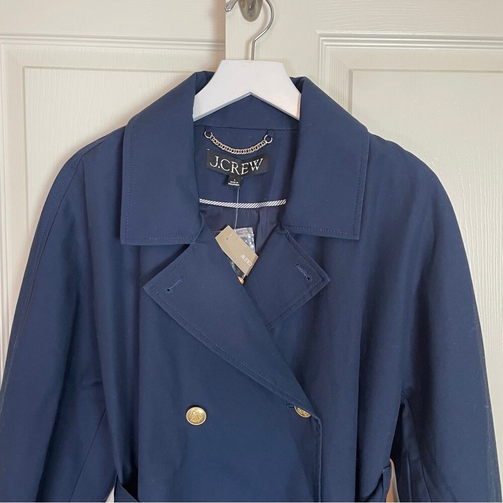 J.Crew Navy Trench Coat Water Repellent Cotton Belted NWT Sz L - Picture 3 of 12